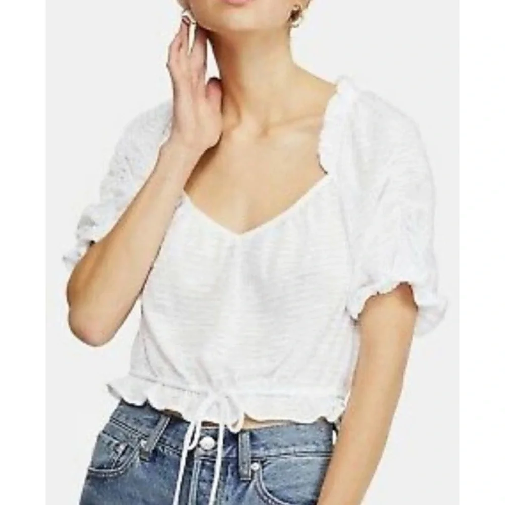 Free People Dorothy Top Womens Medium Ruffle Neck Puff Sleeve White Peasant Boho